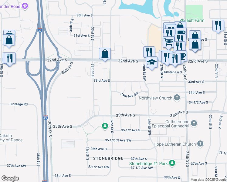 map of restaurants, bars, coffee shops, grocery stores, and more near 3101 34th Avenue South in Fargo