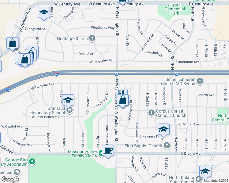 map of restaurants, bars, coffee shops, grocery stores, and more near 2126 North Washington Street in Bismarck
