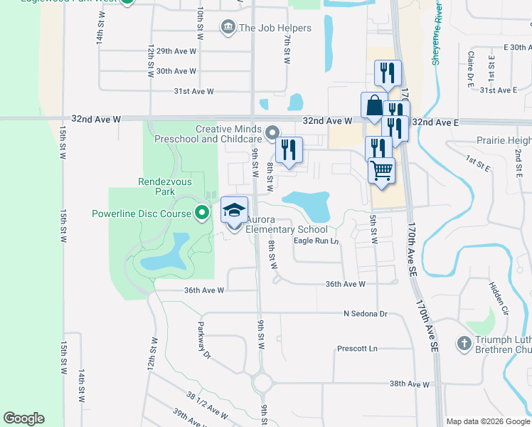 map of restaurants, bars, coffee shops, grocery stores, and more near 736 34th Avenue West in West Fargo