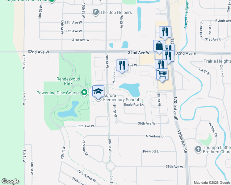 map of restaurants, bars, coffee shops, grocery stores, and more near 736 34th Avenue West in West Fargo