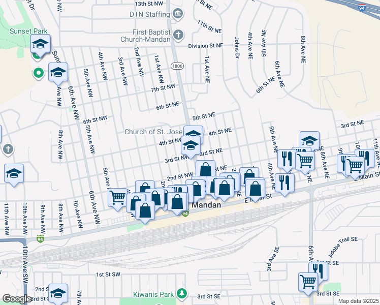 map of restaurants, bars, coffee shops, grocery stores, and more near 401 Collins Avenue in Mandan