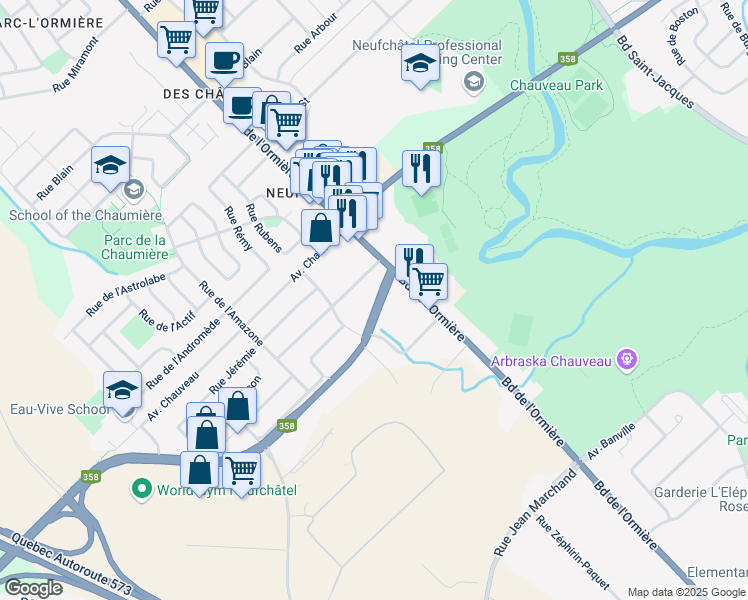 map of restaurants, bars, coffee shops, grocery stores, and more near 4096 Boulevard de l'Auvergne in Ville de Québec