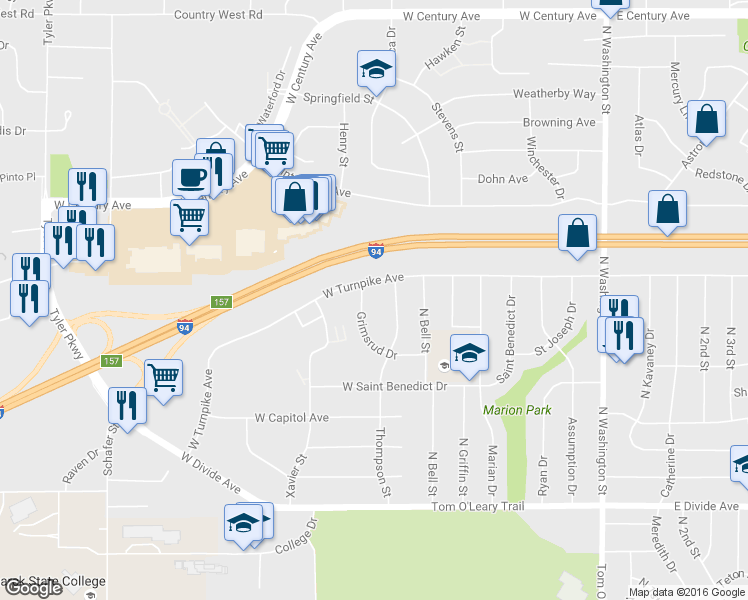map of restaurants, bars, coffee shops, grocery stores, and more near 2112 Grimsrud Drive in Bismarck