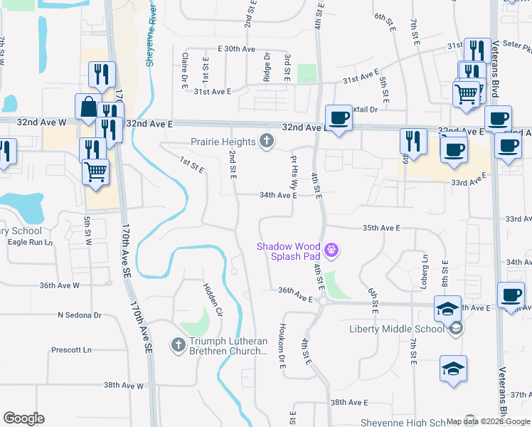 map of restaurants, bars, coffee shops, grocery stores, and more near 3434 Shadow Wood Lane in West Fargo