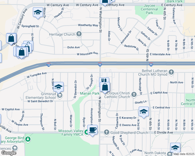 map of restaurants, bars, coffee shops, grocery stores, and more near 2130 North Washington Street in Bismarck
