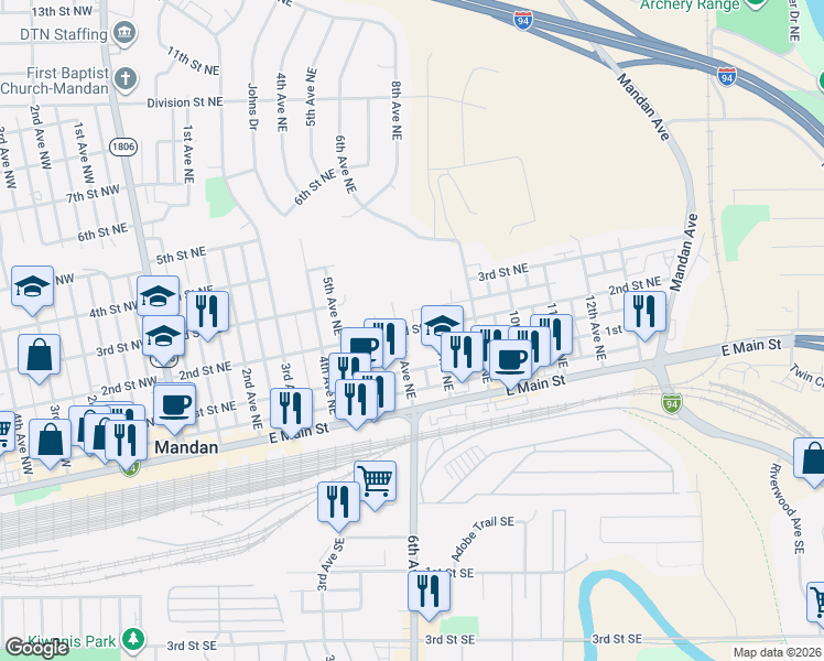 map of restaurants, bars, coffee shops, grocery stores, and more near 798 2nd Street Northeast in Mandan