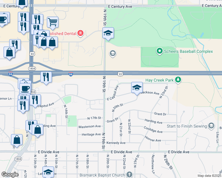 map of restaurants, bars, coffee shops, grocery stores, and more near 1930 Hay Creek Trail in Bismarck