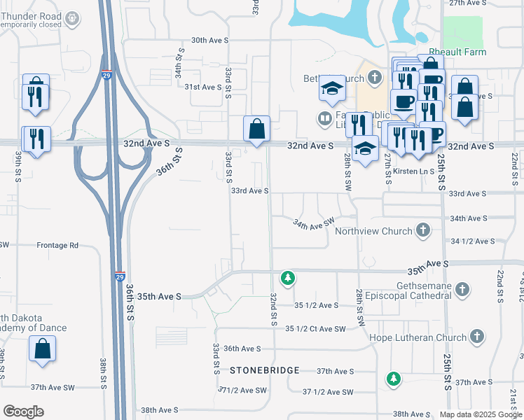 map of restaurants, bars, coffee shops, grocery stores, and more near 3301 32nd Street South in Fargo