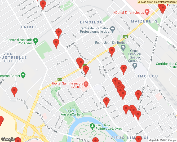 map of restaurants, bars, coffee shops, grocery stores, and more near 180 Rue Carignan Salières in Ville de Québec