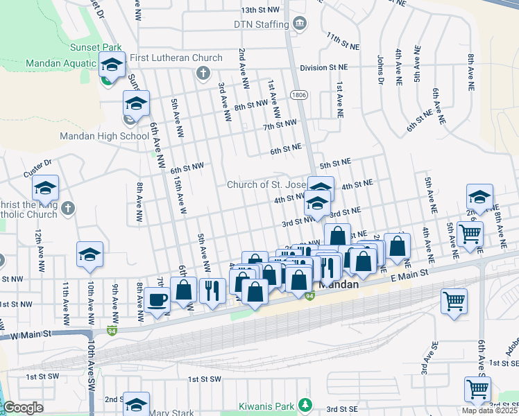 map of restaurants, bars, coffee shops, grocery stores, and more near 305 4th Street Northwest in Mandan