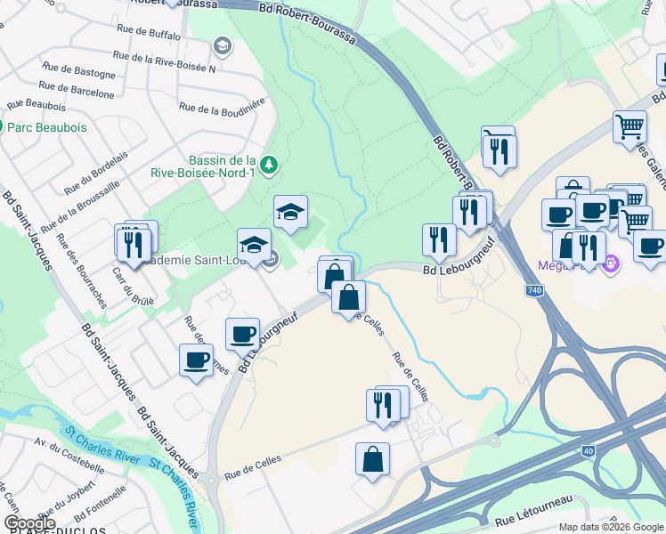 map of restaurants, bars, coffee shops, grocery stores, and more near 1422 Rue de Celles in Québec
