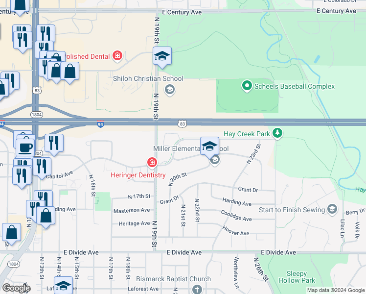 map of restaurants, bars, coffee shops, grocery stores, and more near 1953 East Capitol Avenue in Bismarck