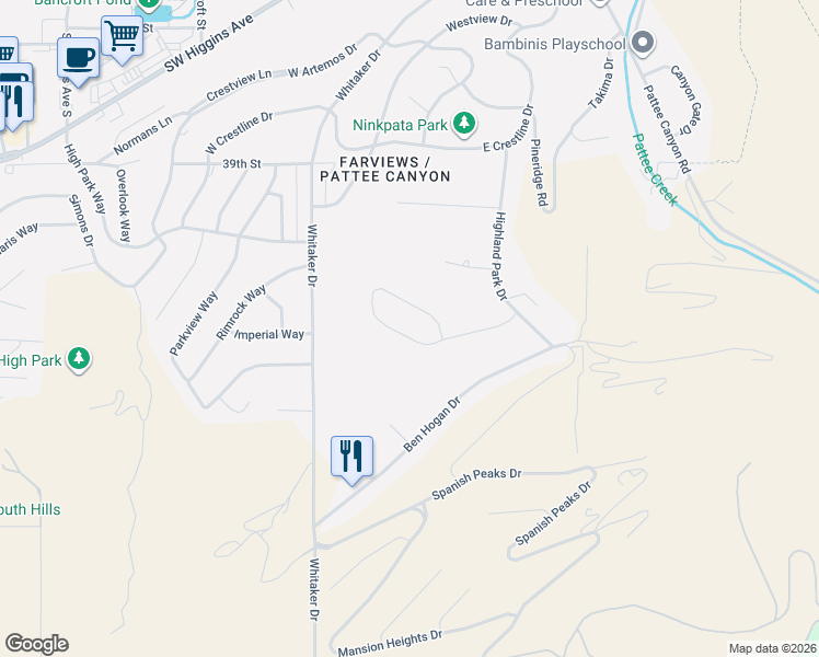 map of restaurants, bars, coffee shops, grocery stores, and more near 136 Fairway Drive in Missoula