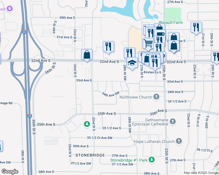 map of restaurants, bars, coffee shops, grocery stores, and more near 3001 34th Avenue South in Fargo