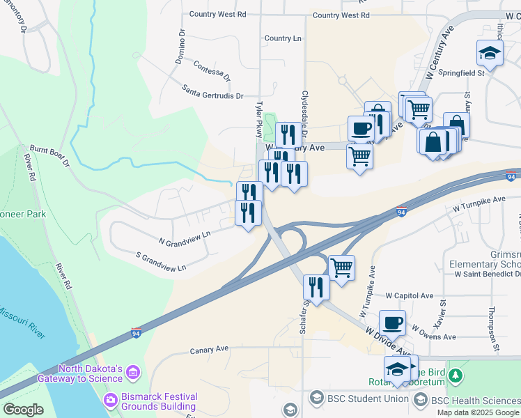 map of restaurants, bars, coffee shops, grocery stores, and more near 2108 Tyler Parkway in Bismarck
