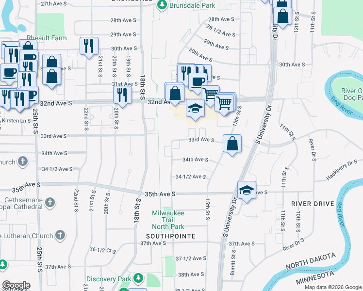 map of restaurants, bars, coffee shops, grocery stores, and more near 1656 33rd Avenue South in Fargo