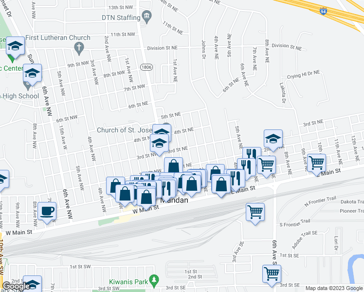 map of restaurants, bars, coffee shops, grocery stores, and more near 400 1st Avenue Northeast in Mandan