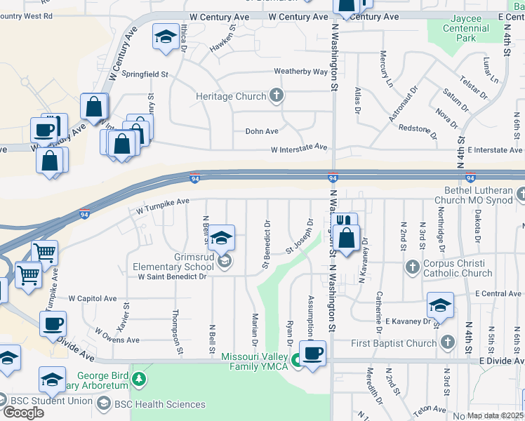 map of restaurants, bars, coffee shops, grocery stores, and more near 2114 Saint Benedict Drive in Bismarck