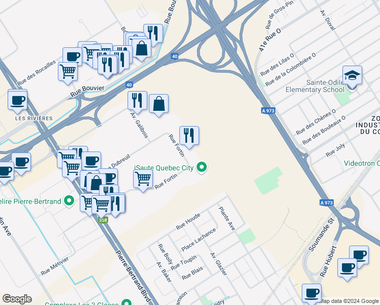 map of restaurants, bars, coffee shops, grocery stores, and more near 155 Rue Fortin in Québec