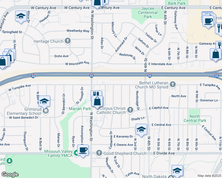 map of restaurants, bars, coffee shops, grocery stores, and more near 2116 Catherine Drive in Bismarck