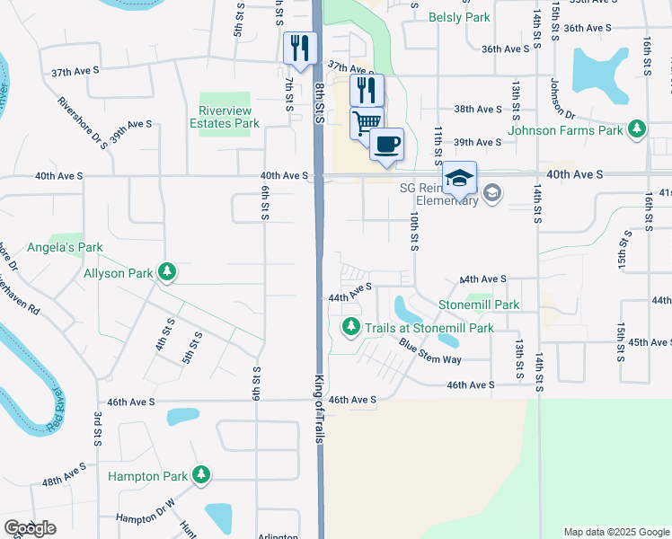 map of restaurants, bars, coffee shops, grocery stores, and more near 900 44th Avenue South in Moorhead