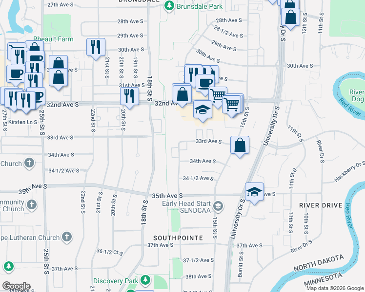 map of restaurants, bars, coffee shops, grocery stores, and more near 1656 33rd Avenue South in Fargo