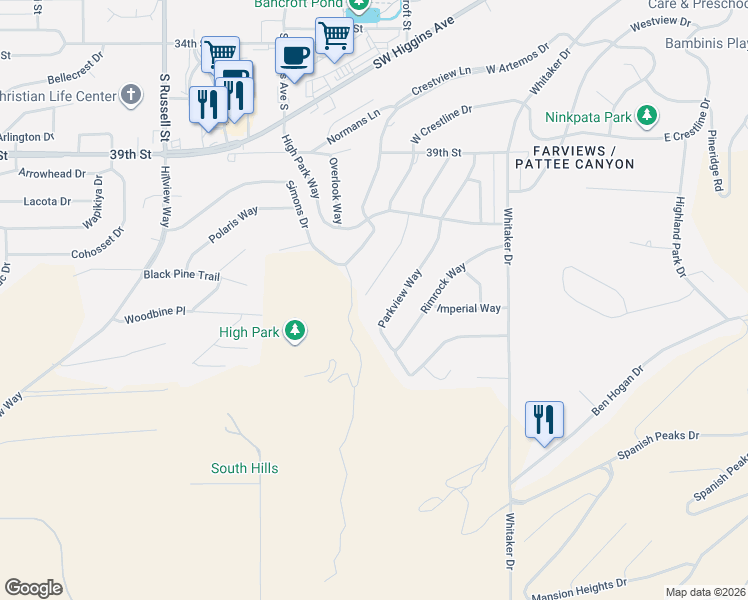 map of restaurants, bars, coffee shops, grocery stores, and more near 805 Parkview Way in Missoula