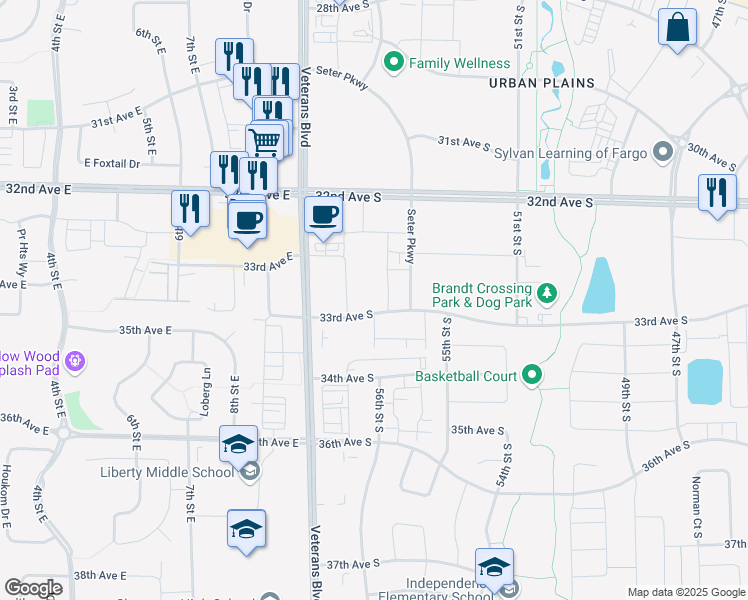 map of restaurants, bars, coffee shops, grocery stores, and more near 5601 33rd Avenue South in Fargo