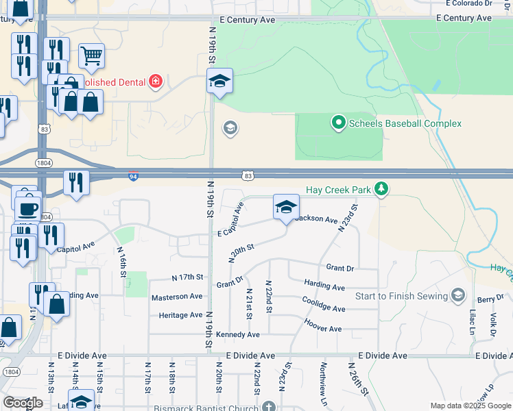 map of restaurants, bars, coffee shops, grocery stores, and more near 1953 East Capitol Avenue in Bismarck
