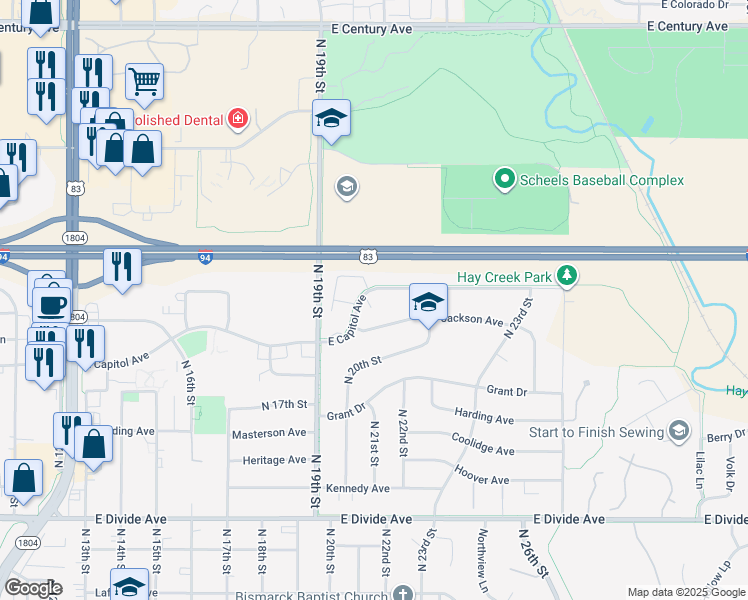 map of restaurants, bars, coffee shops, grocery stores, and more near 1953 East Capitol Avenue in Bismarck