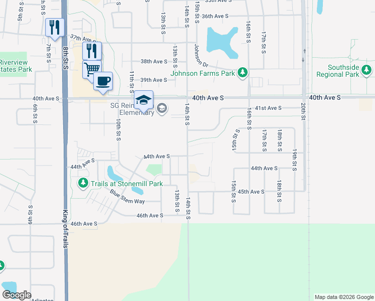 map of restaurants, bars, coffee shops, grocery stores, and more near 4213 14th Street South in Moorhead