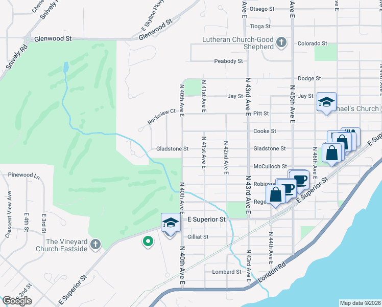 map of restaurants, bars, coffee shops, grocery stores, and more near 4010 Gladstone Street in Duluth