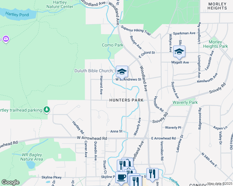 map of restaurants, bars, coffee shops, grocery stores, and more near 2118 Abbotsford Avenue in Duluth