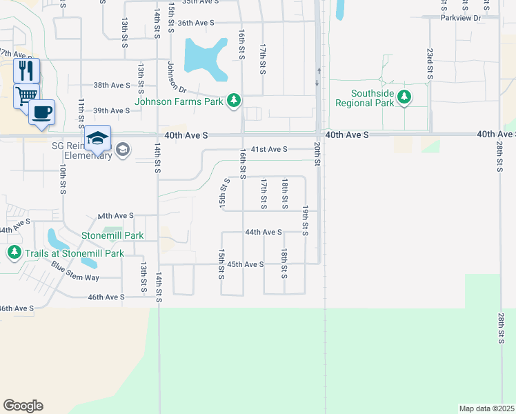 map of restaurants, bars, coffee shops, grocery stores, and more near 4249 17th Street South in Moorhead