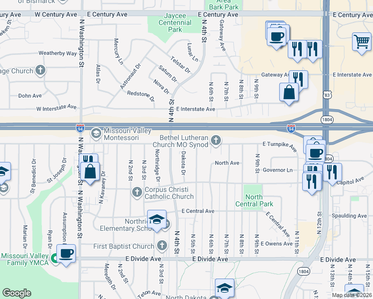 map of restaurants, bars, coffee shops, grocery stores, and more near 2113 Dakota Drive in Bismarck