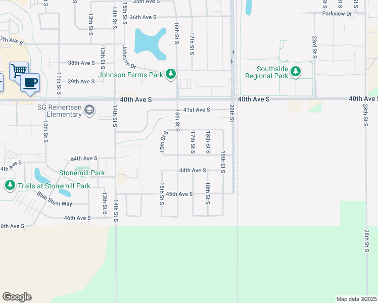 map of restaurants, bars, coffee shops, grocery stores, and more near 4249 17th Street South in Moorhead
