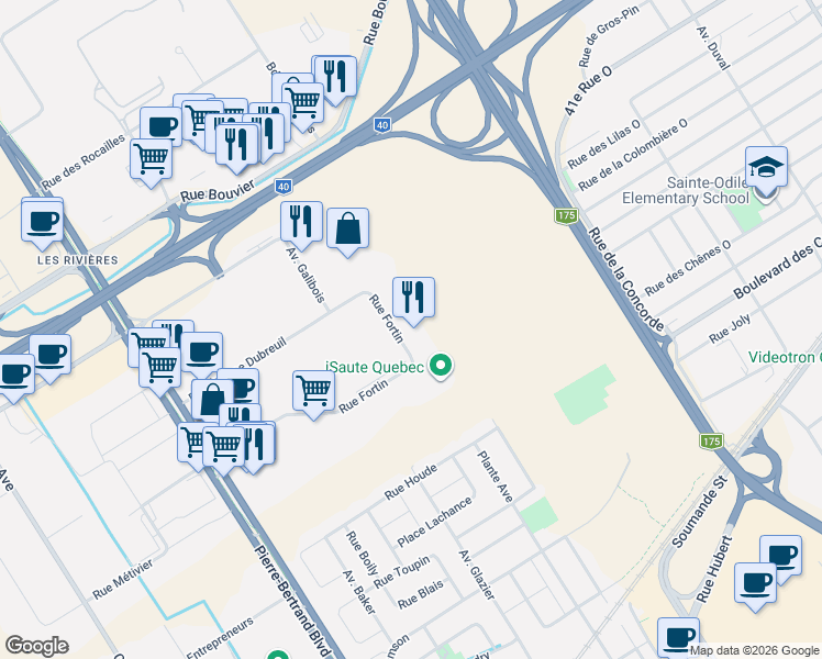 map of restaurants, bars, coffee shops, grocery stores, and more near 155 Rue Fortin in Québec