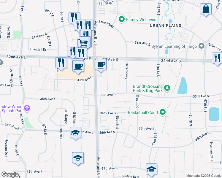 map of restaurants, bars, coffee shops, grocery stores, and more near 5601 33rd Avenue South in Fargo