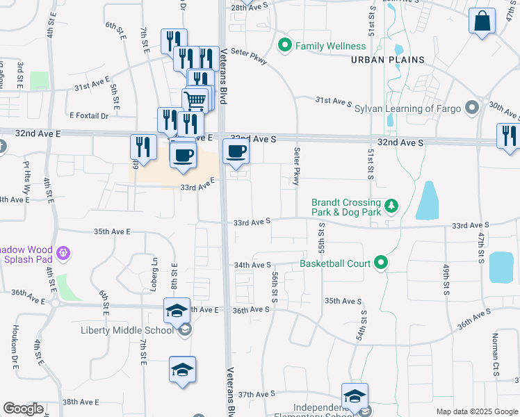 map of restaurants, bars, coffee shops, grocery stores, and more near 5601 33rd Avenue South in Fargo