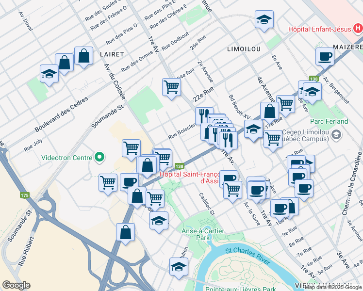 map of restaurants, bars, coffee shops, grocery stores, and more near in Quebec City