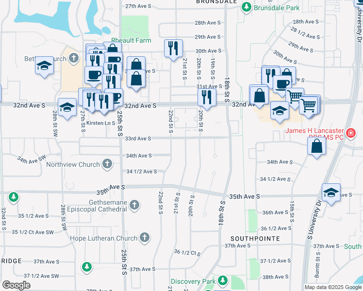 map of restaurants, bars, coffee shops, grocery stores, and more near 3307 21st St S in Fargo