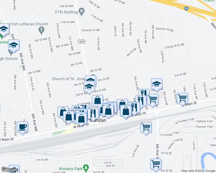 map of restaurants, bars, coffee shops, grocery stores, and more near 400 1st Avenue Northeast in Mandan