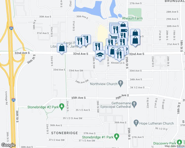 map of restaurants, bars, coffee shops, grocery stores, and more near 2901 34th Ave S in Fargo
