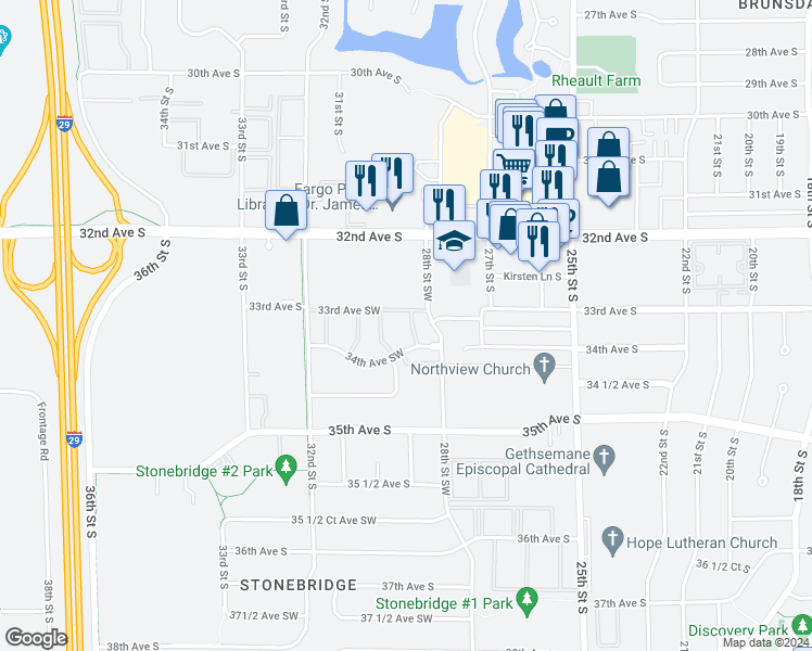 map of restaurants, bars, coffee shops, grocery stores, and more near 2901 34th Ave S in Fargo