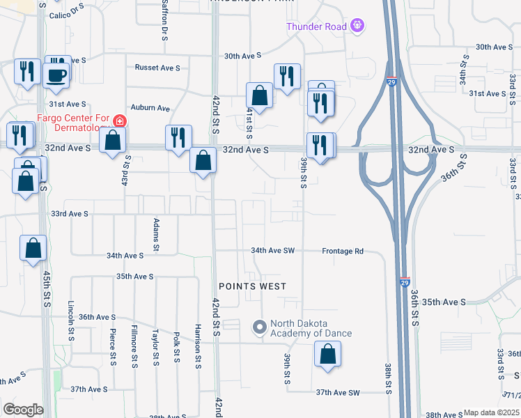 map of restaurants, bars, coffee shops, grocery stores, and more near 3330 42nd Street South in Fargo