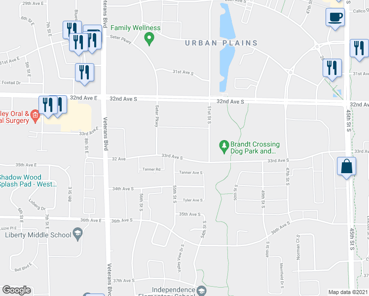 map of restaurants, bars, coffee shops, grocery stores, and more near 5365 33rd Avenue South in Fargo
