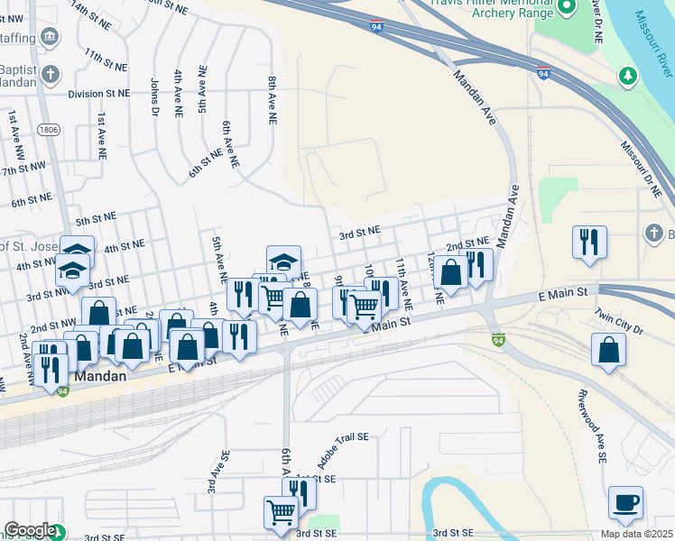 map of restaurants, bars, coffee shops, grocery stores, and more near 1001 2nd Street Northeast in Mandan