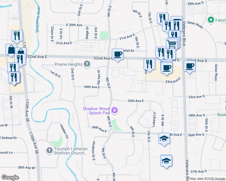 map of restaurants, bars, coffee shops, grocery stores, and more near 3417 4th Street East in West Fargo