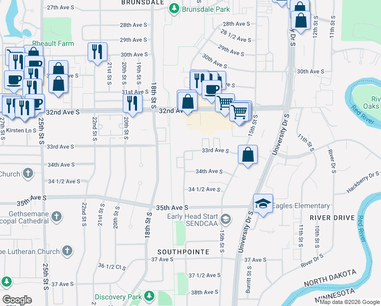 map of restaurants, bars, coffee shops, grocery stores, and more near 1656 33rd Avenue South in Fargo