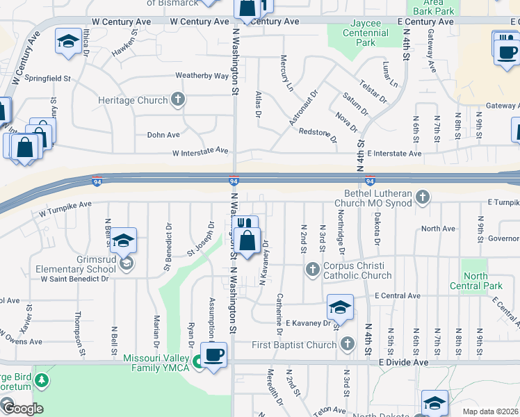 map of restaurants, bars, coffee shops, grocery stores, and more near 2126 North Kavaney Drive in Bismarck